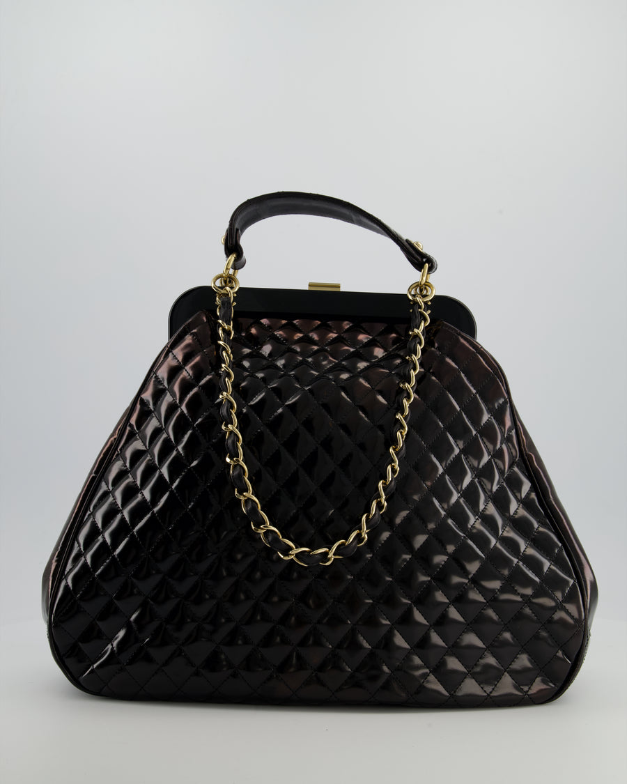 Chanel Black Patent Mademoiselle Frame Bag With Champagne Gold Hardware