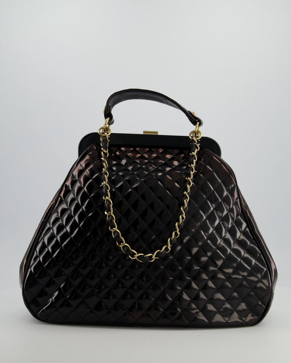 Chanel Black Patent Mademoiselle Frame Bag With Champagne Gold Hardware