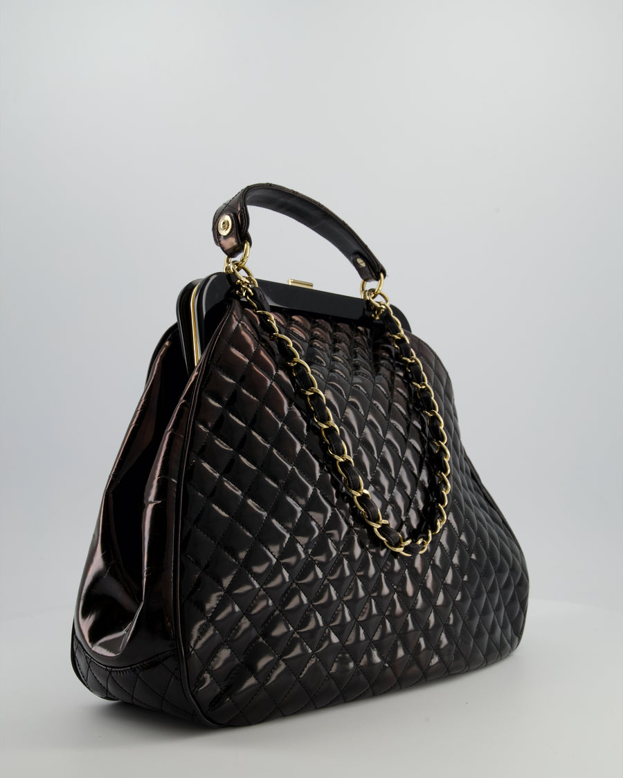 Chanel Black Patent Mademoiselle Frame Bag With Champagne Gold Hardware