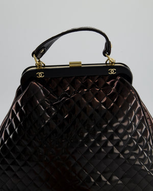 Chanel Black Patent Mademoiselle Frame Bag With Champagne Gold Hardware