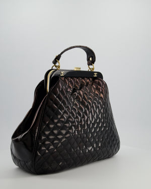 Chanel Black Patent Mademoiselle Frame Bag With Champagne Gold Hardware