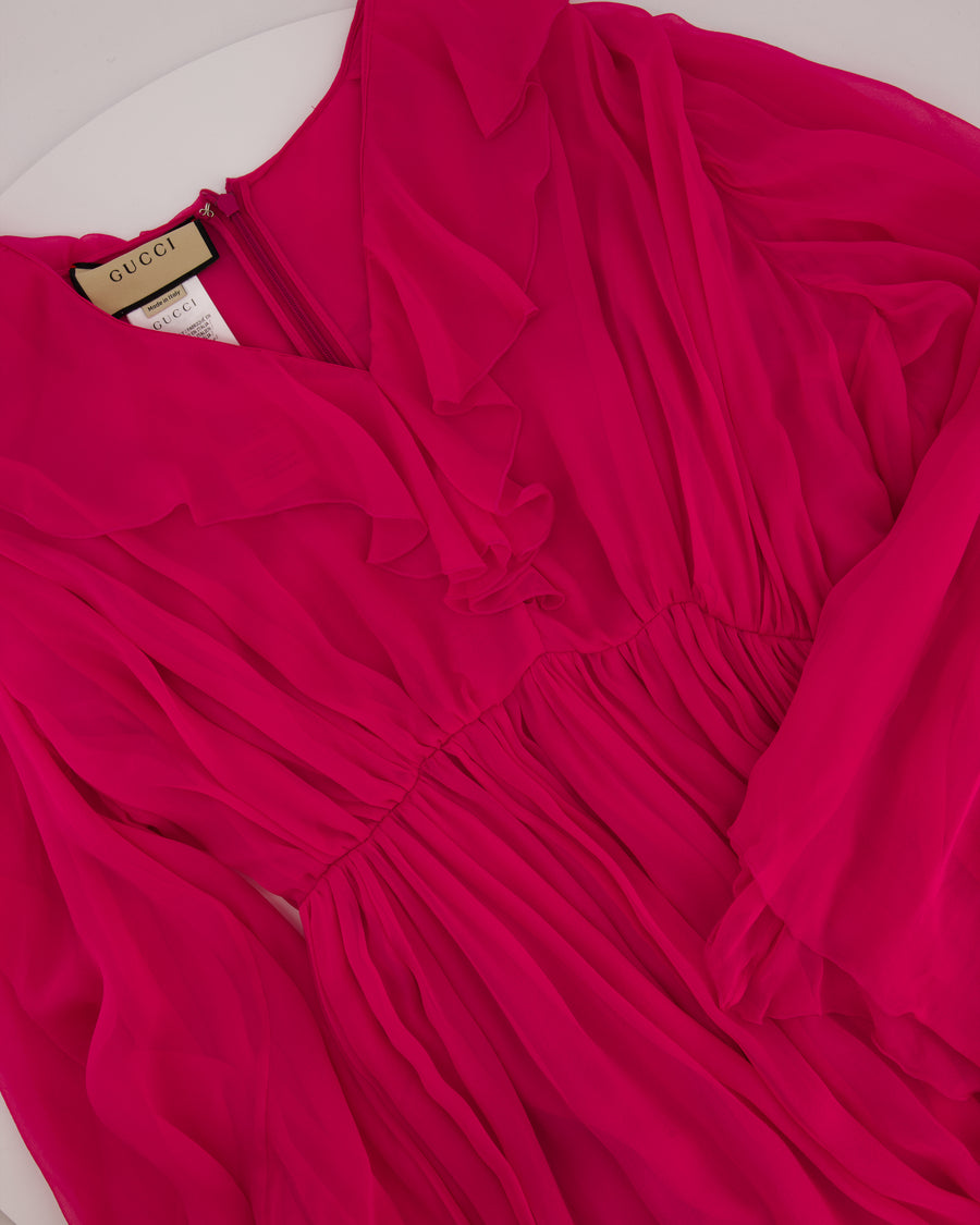 Gucci Fuchsia Silk Long Sleeve Midi Dress with V-Neck and Frill Detail Size IT 46 (UK 14)