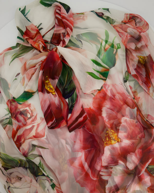 Dolce & Gabbana Blush Green, Pink and Purple Floral Sheer Silk Blouse with Bow Neckline Size IT 44 (UK 12)