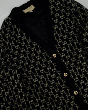 Gucci Black & White GG Supreme Wool Cardigan with Black Braided Trim & Cream Enamel Button Details Size XL (UK 16)