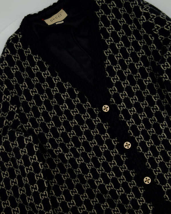 Gucci Black & White GG Supreme Wool Cardigan with Black Braided Trim & Cream Enamel Button Details Size XL (UK 16)