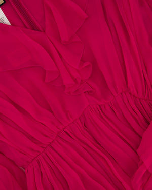 Gucci Fuchsia Silk Long Sleeve Midi Dress with V-Neck and Frill Detail Size IT 46 (UK 14)