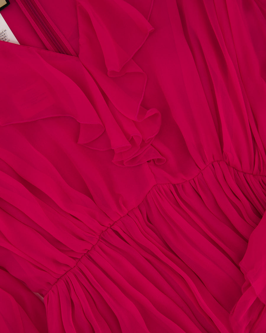 Gucci Fuchsia Silk Long Sleeve Midi Dress with V-Neck and Frill Detail Size IT 46 (UK 14)