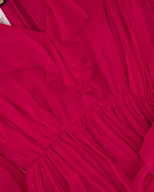 Gucci Fuchsia Silk Long Sleeve Midi Dress with V-Neck and Frill Detail Size IT 46 (UK 14)
