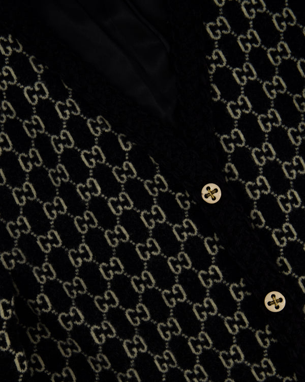 Gucci Black & White GG Supreme Wool Cardigan with Black Braided Trim & Cream Enamel Button Details Size XL (UK 16)