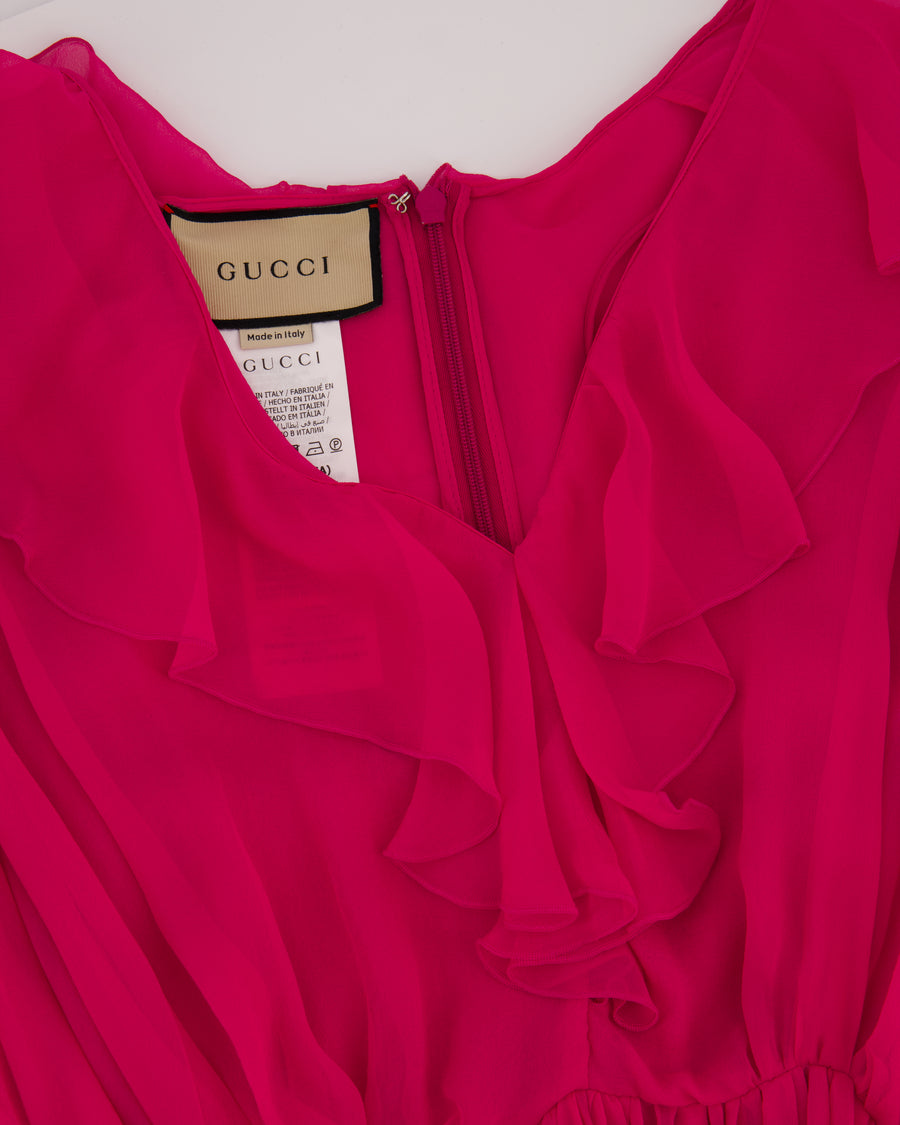 Gucci Fuchsia Silk Long Sleeve Midi Dress with V-Neck and Frill Detail Size IT 46 (UK 14)