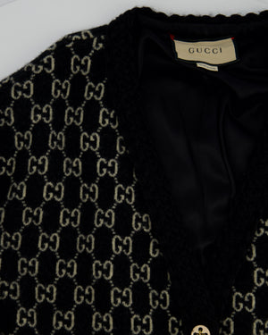 Gucci Black & White GG Supreme Wool Cardigan with Black Braided Trim & Cream Enamel Button Details Size XL (UK 16)