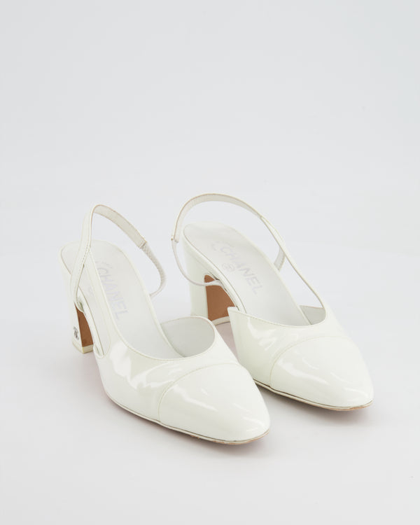 Chanel White Patent Leather Slingback Shoes with CC Logo Detail Size EU 37.5