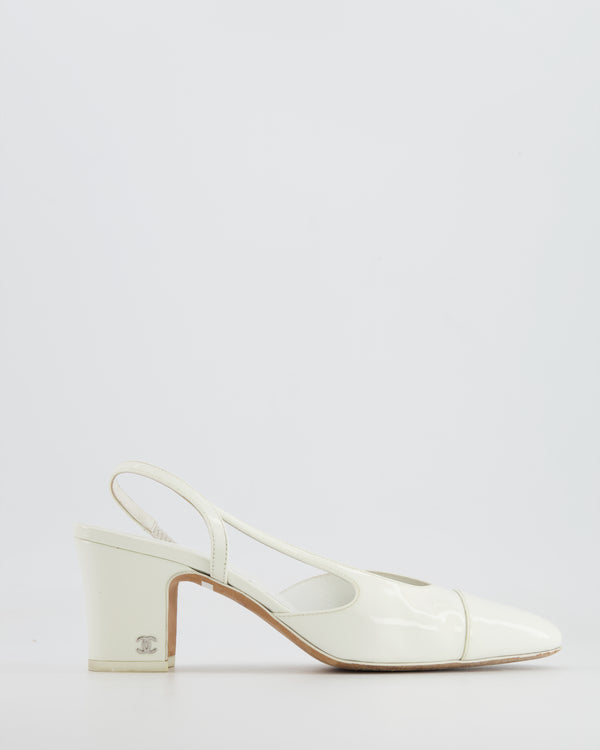 Chanel White Patent Leather Slingback Shoes with CC Logo Detail Size EU 37.5