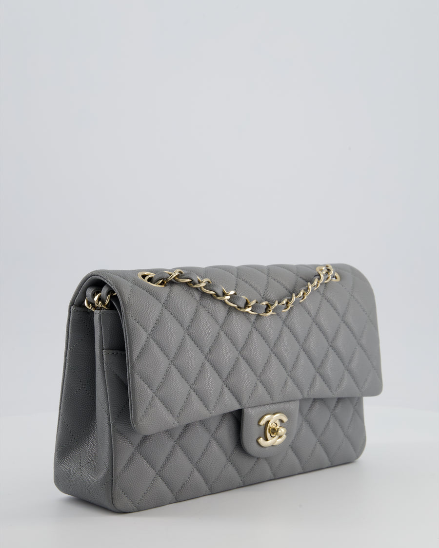 Chanel Stone Grey Medium Double Flap Bag in Caviar Leather with Champagne Gold Hardware