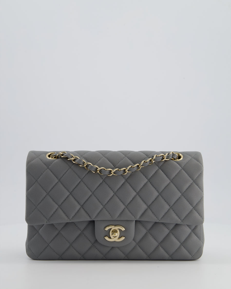 Chanel Stone Grey Medium Double Flap Bag in Caviar Leather with Champagne Gold Hardware