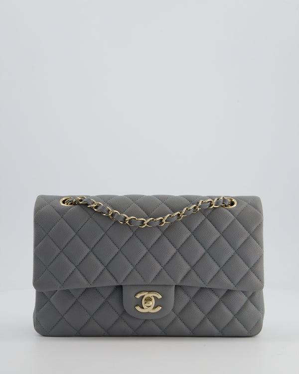 Chanel Stone Grey Medium Double Flap Bag in Caviar Leather with Champagne Gold Hardware