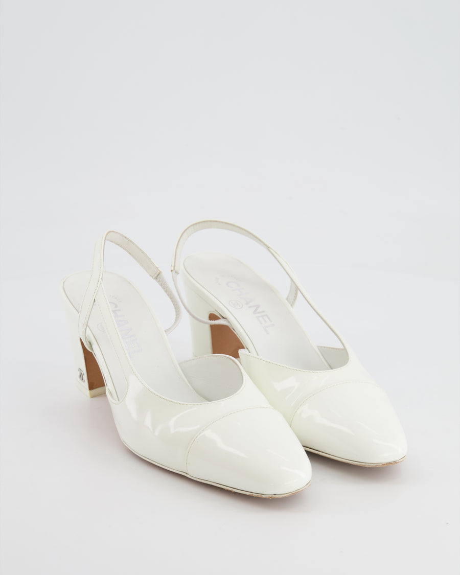 Chanel White Patent Leather Slingback Shoes with CC Logo Detail Size EU 37.5