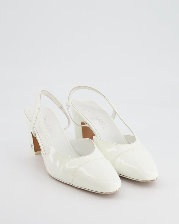 Chanel White Patent Leather Slingback Shoes with CC Logo Detail Size EU 37.5