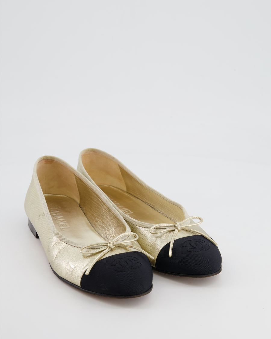 Chanel Gold and Black Ballet Flats with CC Logo Size EU 38
