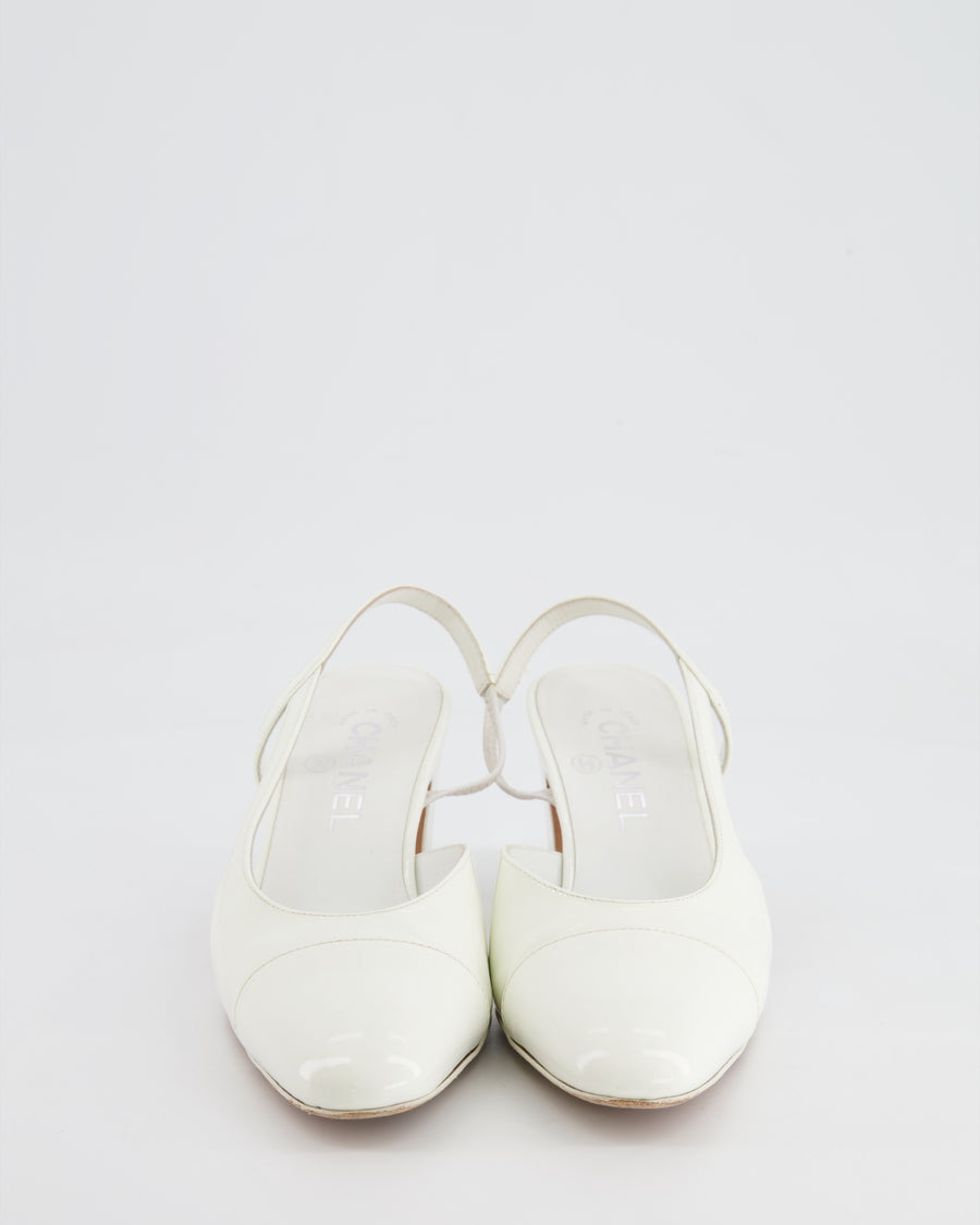 Chanel White Patent Leather Slingback Shoes with CC Logo Detail Size EU 37.5