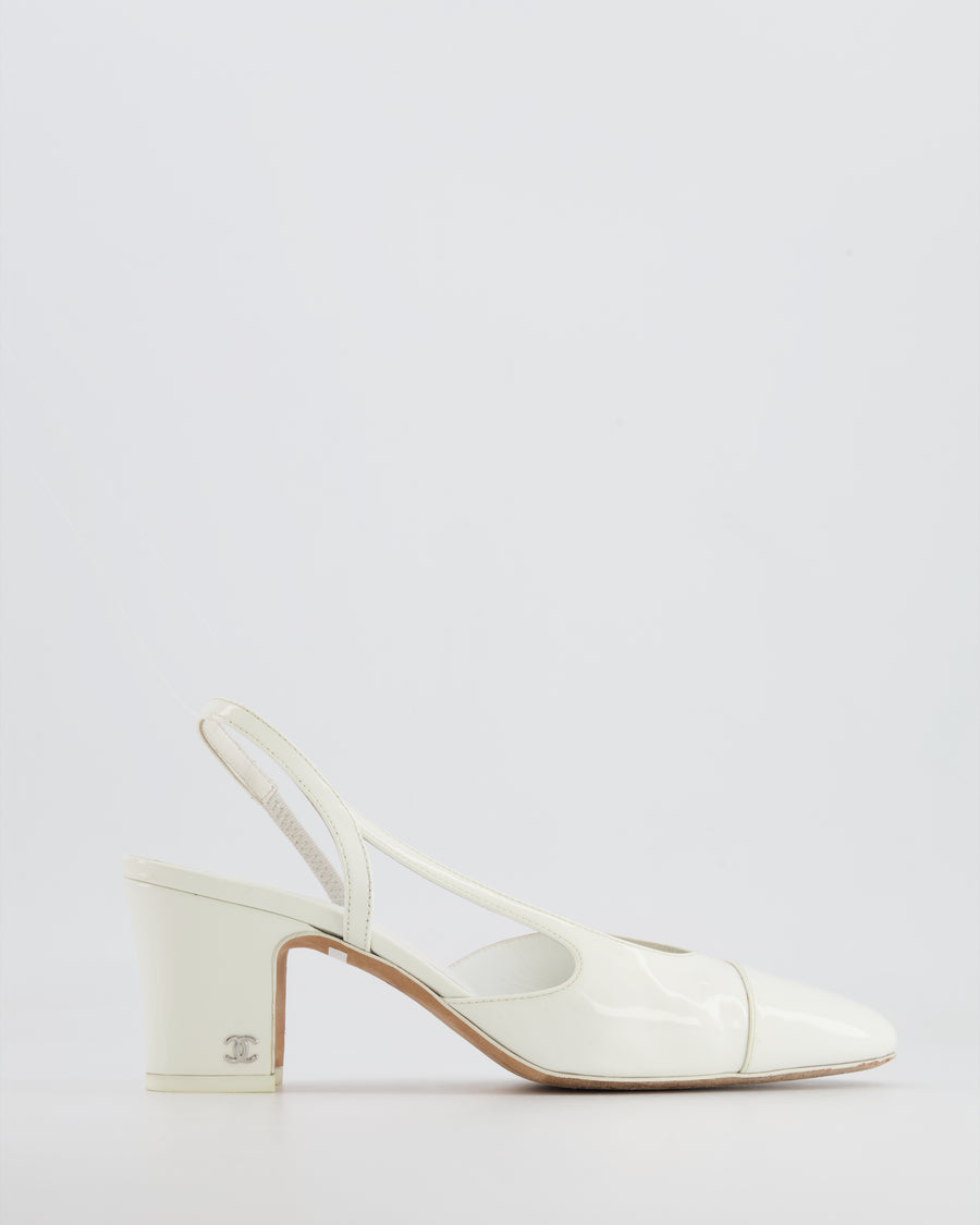 Chanel White Patent Leather Slingback Shoes with CC Logo Detail Size EU 37.5