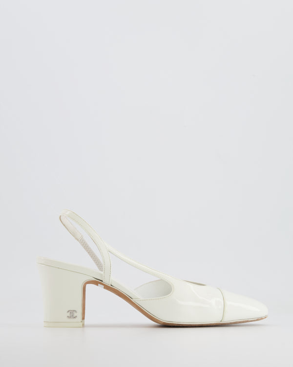 Chanel White Patent Leather Slingback Shoes with CC Logo Detail Size EU 37.5