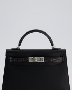 *ULTRA RARE* Hermès Mini Kelly II 20 Touch Bag in Graphite Madame Leather, Noir Alligator Mississippesis Lisse Leather with Palladium Hardware