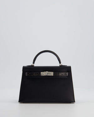 *ULTRA RARE* Hermès Mini Kelly II 20 Touch Bag in Graphite Madame Leather, Noir Alligator Mississippesis Lisse Leather with Palladium Hardware