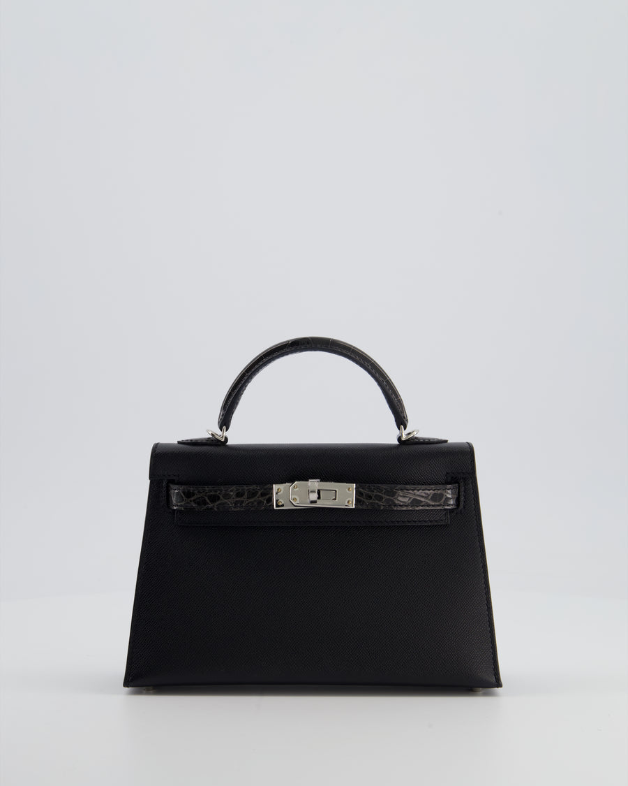 *ULTRA RARE* Hermès Mini Kelly II 20 Touch Bag in Graphite Madame Leather, Noir Alligator Mississippesis Lisse Leather with Palladium Hardware