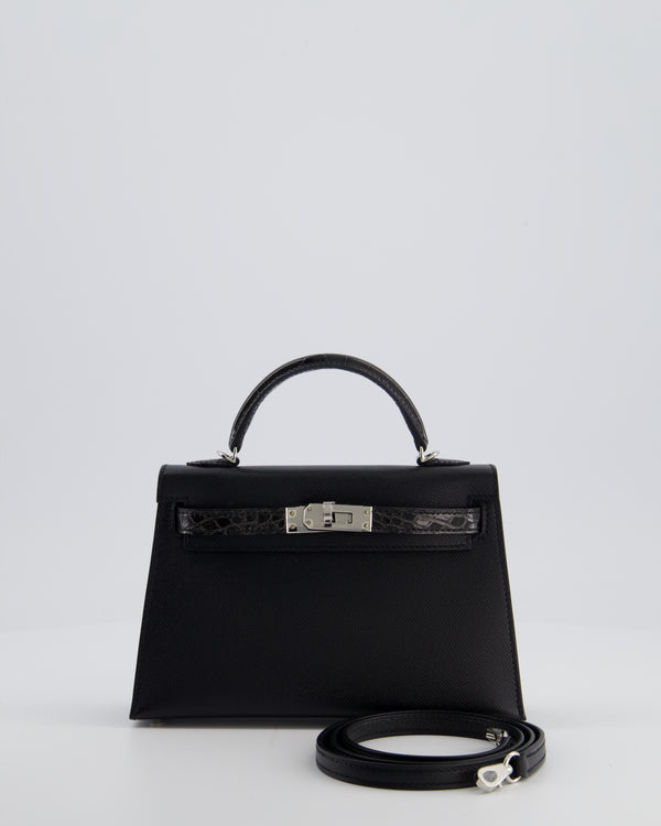 *ULTRA RARE* Hermès Mini Kelly II 20 Touch Bag in Graphite Madame Leather, Noir Alligator Mississippesis Lisse Leather with Palladium Hardware