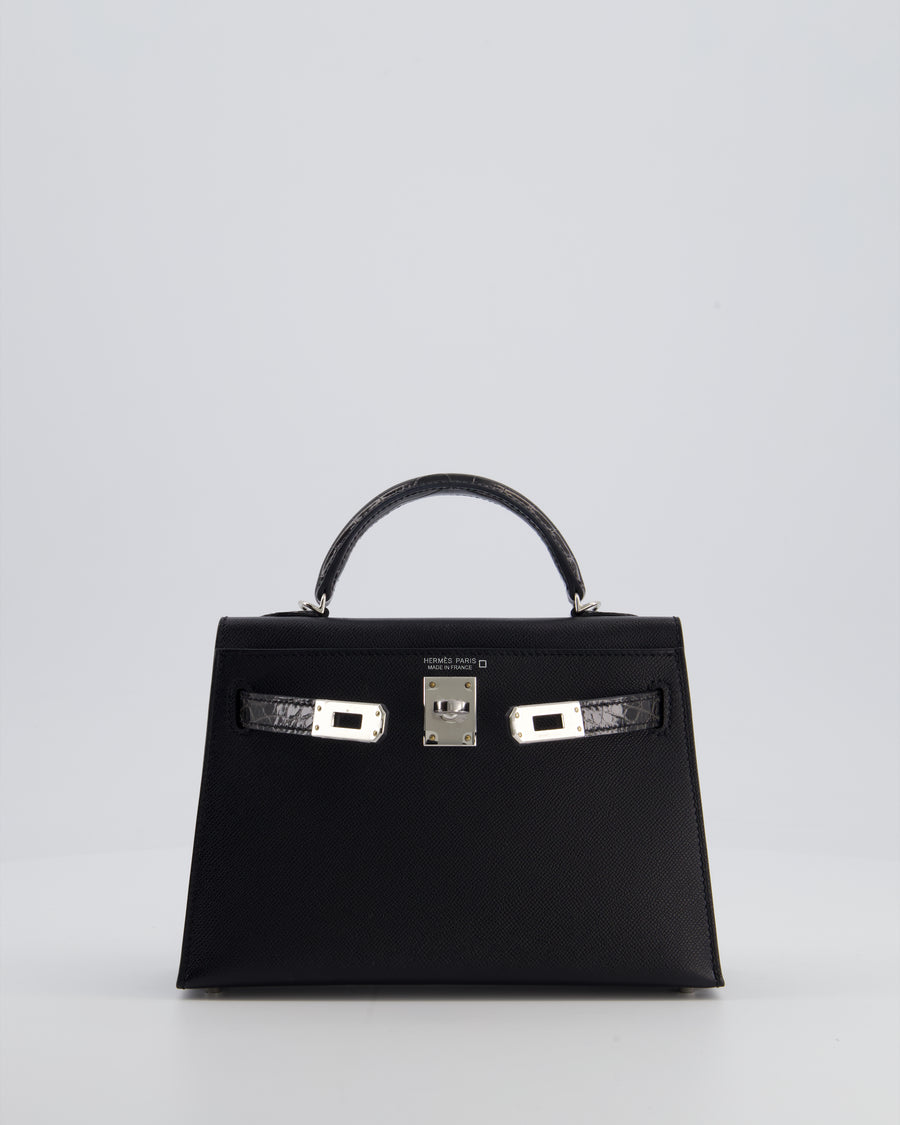 *ULTRA RARE* Hermès Mini Kelly II 20 Touch Bag in Graphite Madame Leather, Noir Alligator Mississippesis Lisse Leather with Palladium Hardware