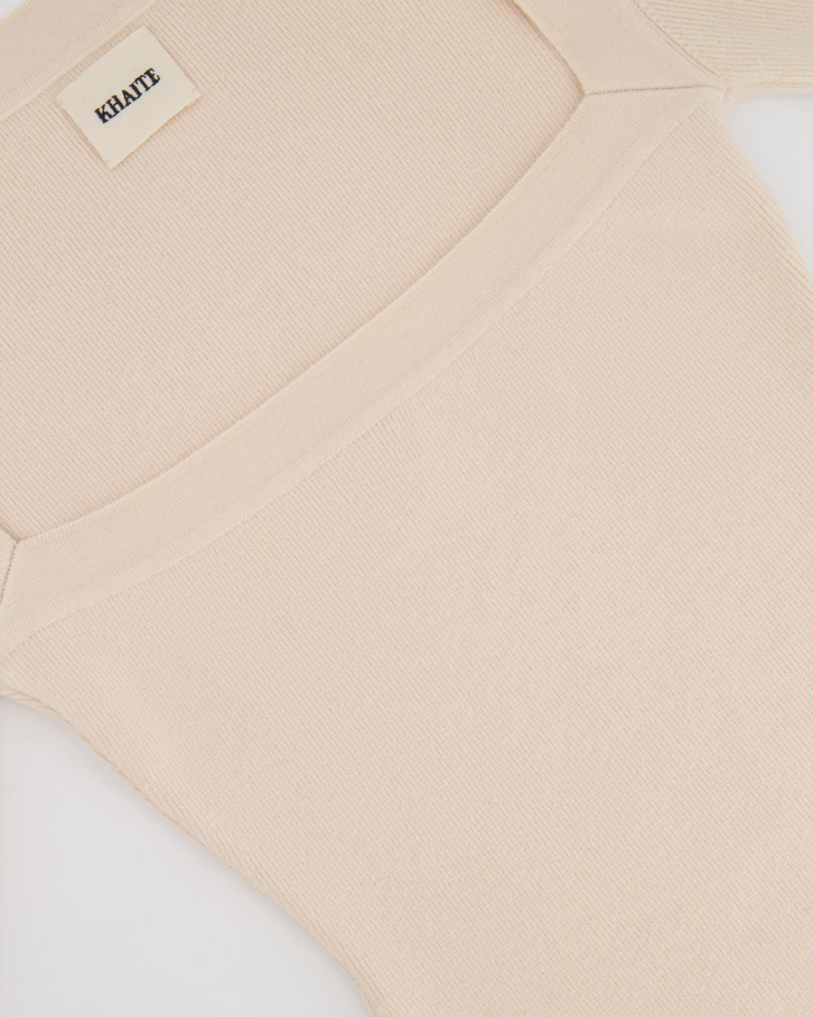 Khaite Cream Wool Long Sleeved Ribbed Bodysuit with Square Neckline Size M (UK 10)