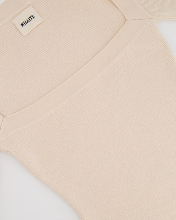 Khaite Cream Wool Long Sleeved Ribbed Bodysuit with Square Neckline Size M (UK 10)
