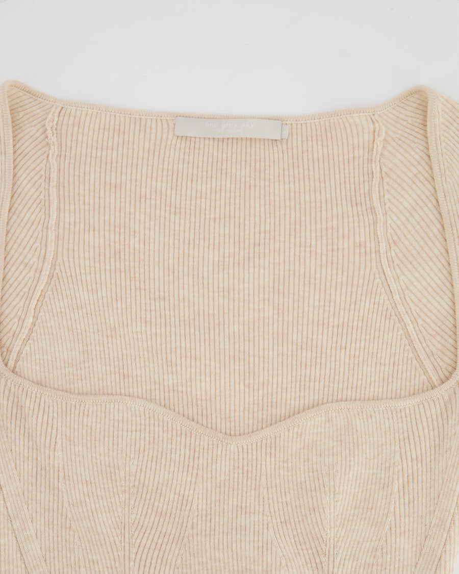 One Grey Day Beige Ribbed Long Sleeve Midi Dress Size S (UK 8)