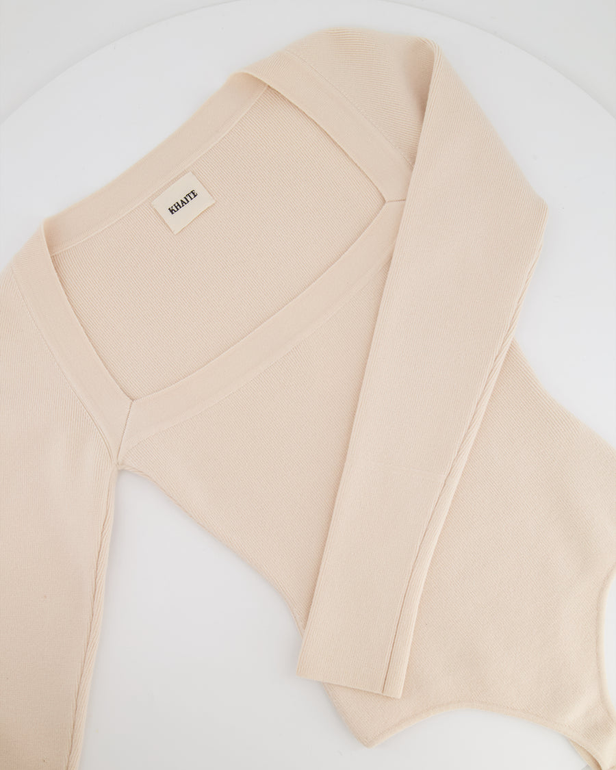 Khaite Cream Wool Long Sleeved Ribbed Bodysuit with Square Neckline Size M (UK 10)