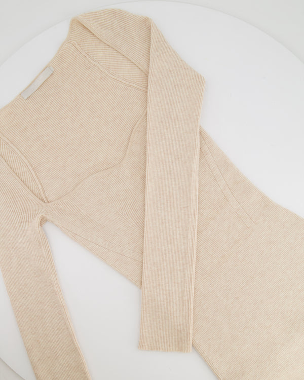 One Grey Day Beige Ribbed Long Sleeve Midi Dress Size S (UK 8)