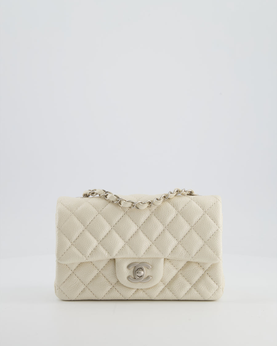 *SUPER RARE* Chanel Pearlescent Mini Rectangular Classic Flap Bag in Caviar Leather with Brushed Silver Hardware