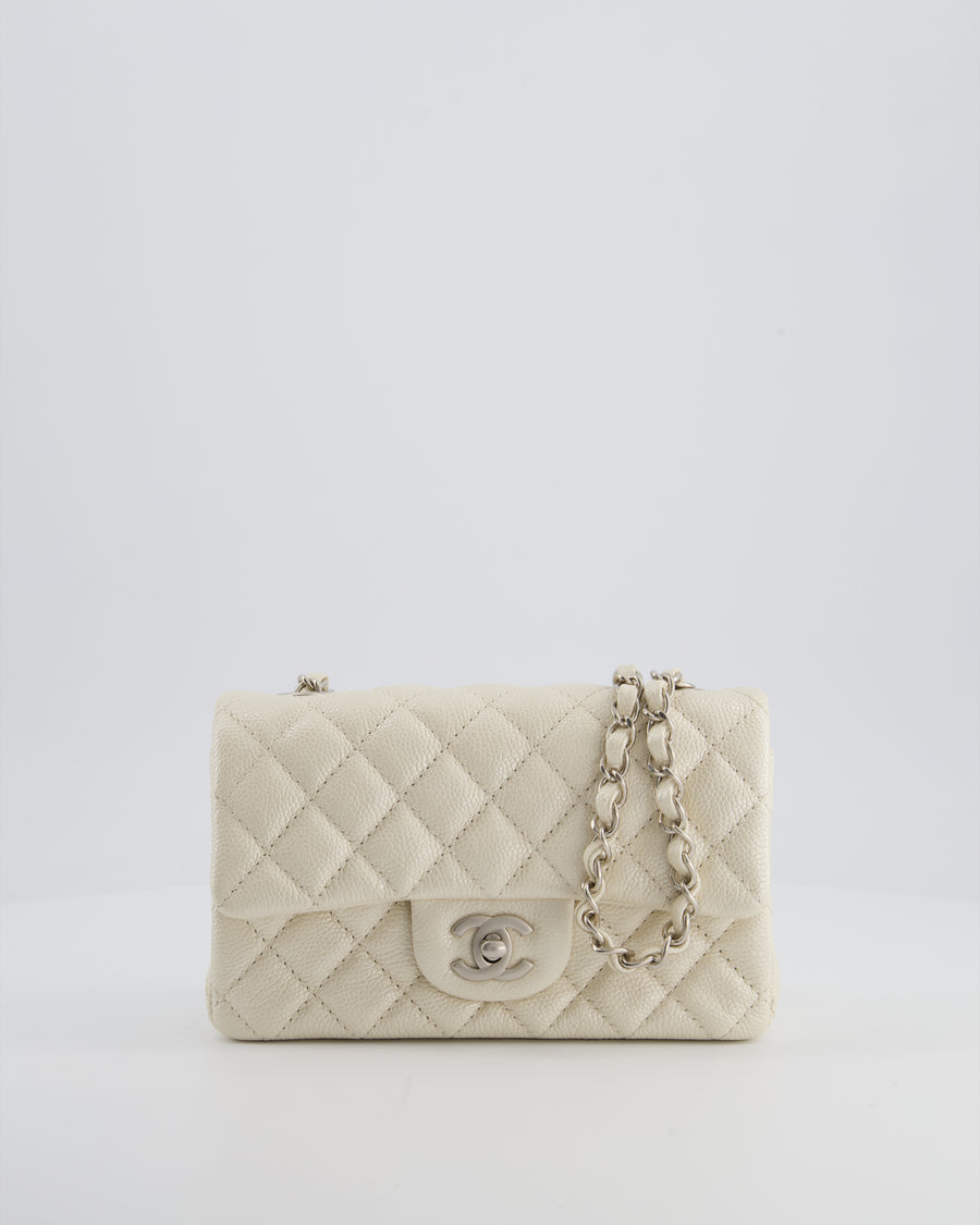 *SUPER RARE* Chanel Pearlescent Mini Rectangular Classic Flap Bag in Caviar Leather with Brushed Silver Hardware