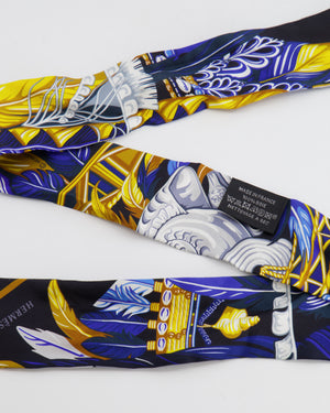 Hermes "Danse Pacifique" Yellow White and Blue Twilly Scarf