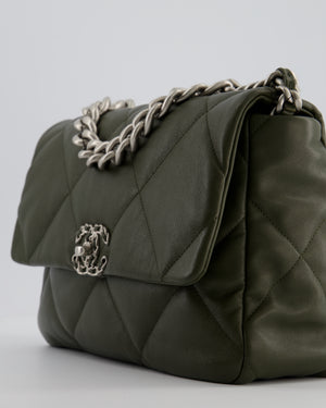 Chanel Khaki Large 19 Flap Bag in Quilted Goatskin Leather with Brushed Silver & Gold Hardware