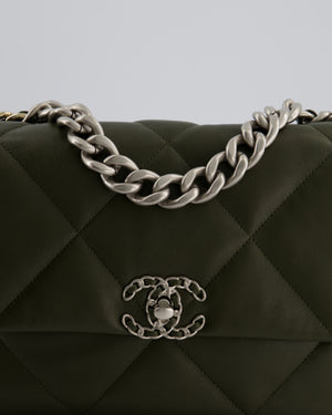 Chanel Khaki Large 19 Flap Bag in Quilted Goatskin Leather with Brushed Silver & Gold Hardware