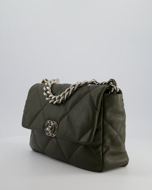 Chanel Khaki Large 19 Flap Bag in Quilted Goatskin Leather with Brushed Silver & Gold Hardware