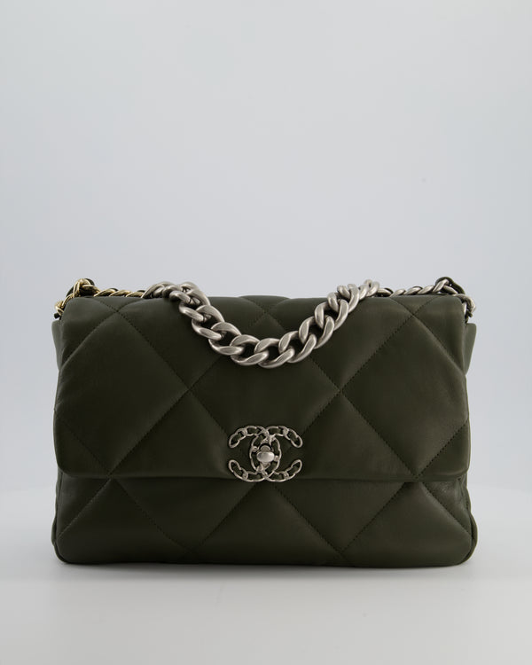 Chanel Kharki Large 19 Flap Bag in Quilted Goatskin Leather with Brushed Silver & Gold Hardware