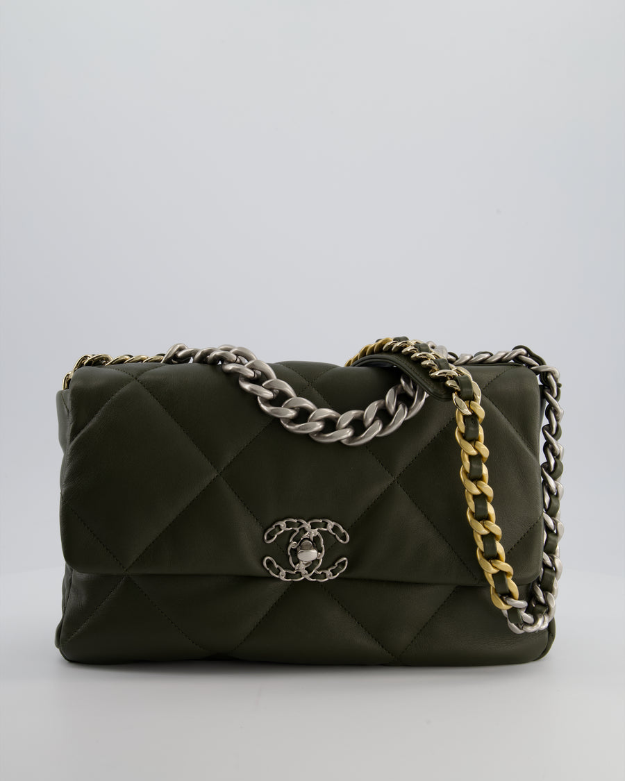 Chanel Khaki Large 19 Flap Bag in Quilted Goatskin Leather with Brushed Silver & Gold Hardware