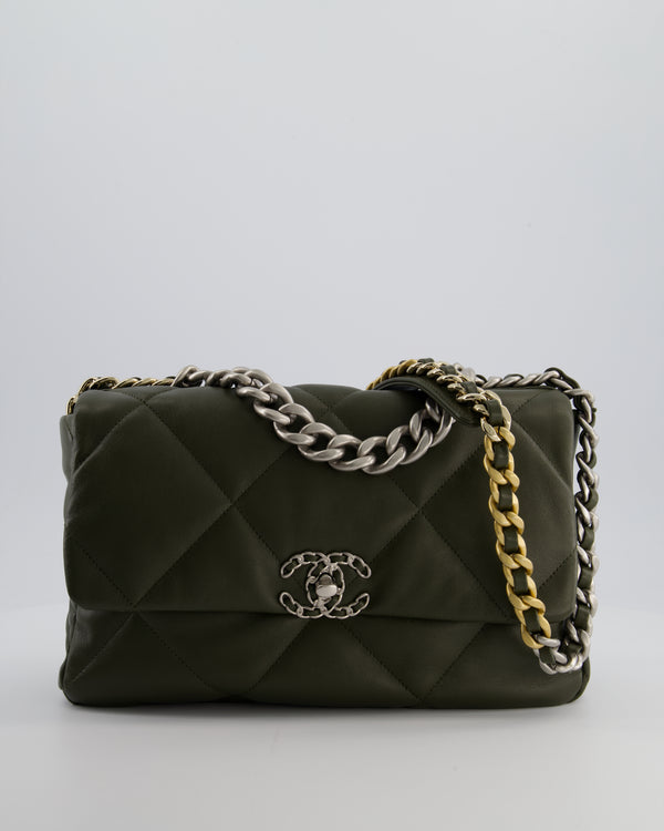 Chanel Kharki Large 19 Flap Bag in Quilted Goatskin Leather with Brushed Silver & Gold Hardware