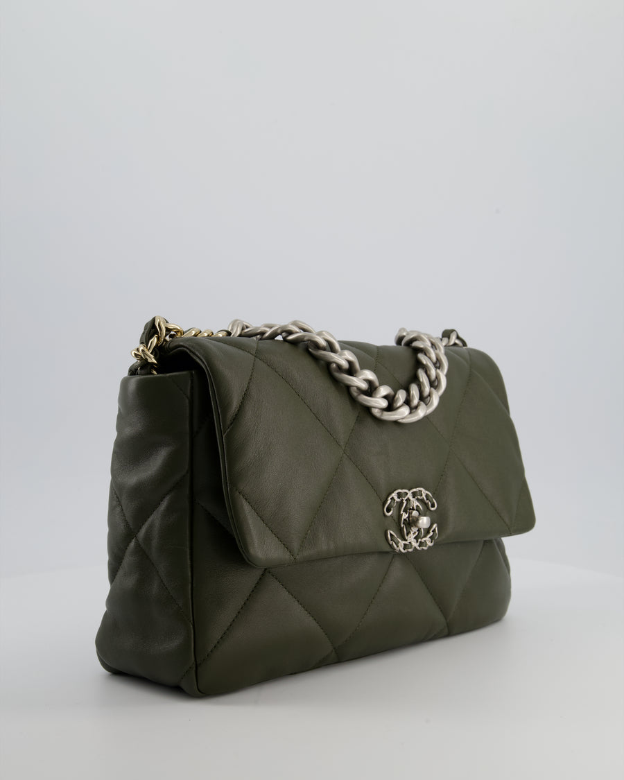 Chanel Khaki Large 19 Flap Bag in Quilted Goatskin Leather with Brushed Silver & Gold Hardware