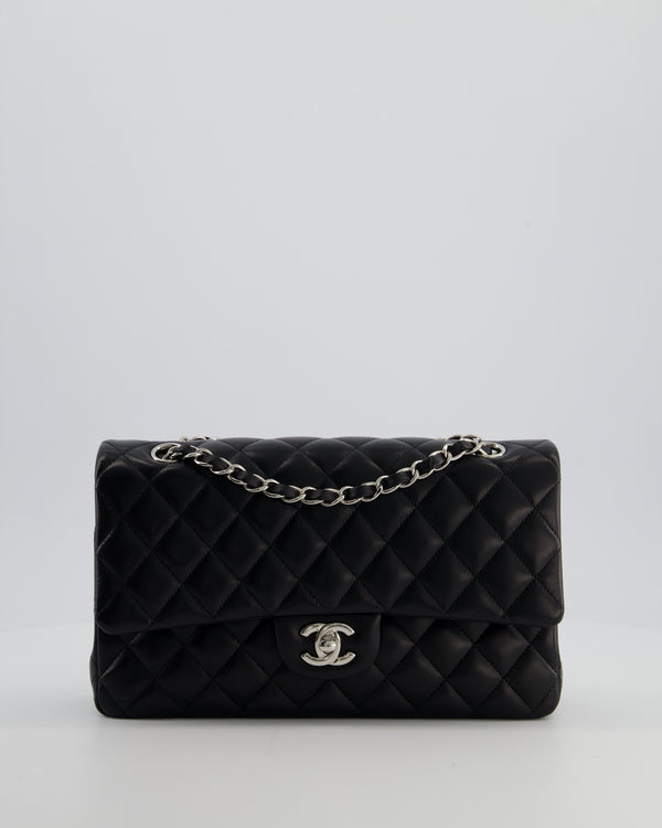 Chanel Black Classic Medium Double Flap Bag in Lambskin Leather with Silver Hardware