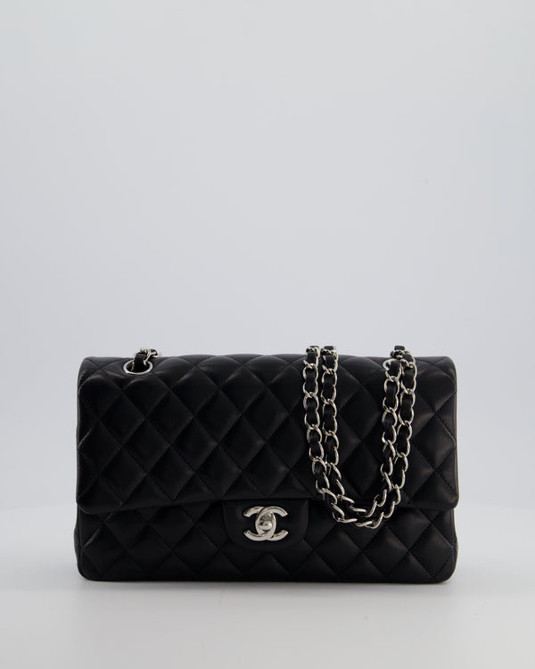 Chanel Black Classic Medium Double Flap Bag in Lambskin Leather with Silver Hardware