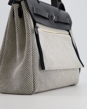 Hermès Herbag 31 Zip Bag in Black and Ecru Toile Quadrille with Palladium Hardware