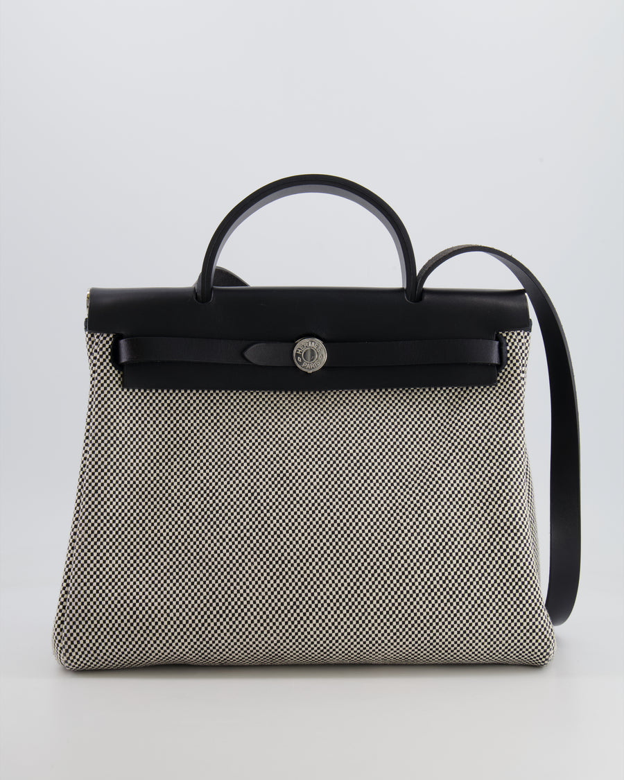 Hermès Herbag 31 Zip Bag in Black and Ecru Toile Quadrille with Palladium Hardware
